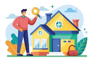 A man in a red shirt and blue pants smiles brightly as he uses a magnifying glass to search for a new home. He stands in front of a two-story house with a red door and yellow siding. vector