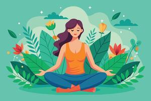 A woman sits in a meditative pose surrounded by lush greenery and vibrant flowers, representing peace and tranquility. vector