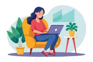 An illustration of a woman sitting in a yellow armchair, working on her laptop. She is smiling and looks relaxed. There is a plant on a side table and another plant in the background. vector