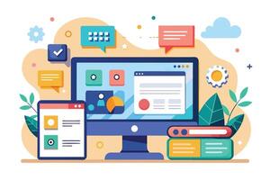 A modern desktop computer with a tablet and cloud storage illustration, featuring a clean, minimalist design. vector