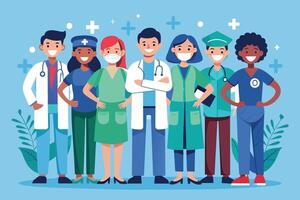 A group of diverse healthcare workers, including doctors, nurses, and technicians, stand together in a line, showcasing the unity and collaboration of the medical profession. vector