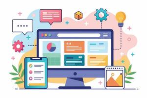 A colorful illustration depicting various elements of web design and development, including a computer monitor with a website layout, a smartphone, a checklist, gears, a lightbulb, and speech bubbles. vector