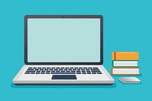 A laptop with a blank screen sits on a blue desk next to a stack of three books and a wireless mouse. vector