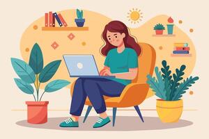 A woman is working on a laptop while sitting in a comfortable chair in a home office. She is surrounded by plants, books, and a sunny atmosphere. vector