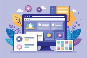 A modern web design illustration featuring a computer monitor displaying a website with colorful user interface elements, indicating a focus on user experience and visual appeal. vector
