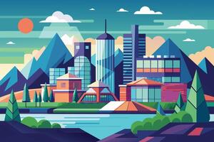 An illustration of a city skyline with skyscrapers, houses, and trees set against a backdrop of mountains and a blue sky. vector