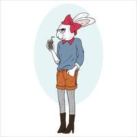Cute cartoon rabbit with drinks in his hand and a cartoon rabbit with a hat. bunny girl dressed up in hipster style vector
