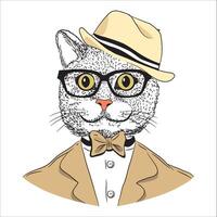 a cat wearing a hat and glasses with a hat that fashion anthropomorphic character of a cat dressed up in an urban style vector