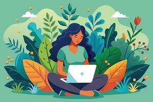 Illustration of a woman sitting cross-legged in a lush garden setting, working on a laptop. vector