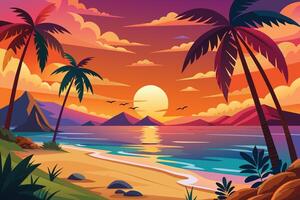 A colorful illustration of a sunset over a tropical beach, featuring palm trees, mountains, and the setting sun. vector