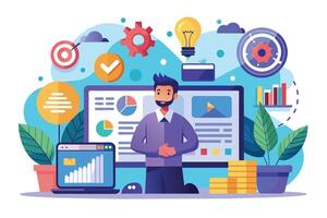 An illustration of a man with a beard standing in front of a computer screen filled with data charts and graphs, representing business analytics. vector