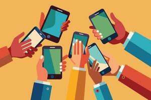 This image shows six hands holding smartphones, all pointing towards the center of the frame. The background is a simple, bright yellow. vector