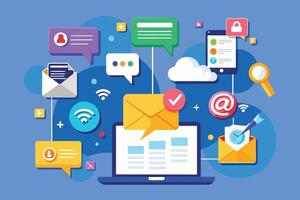 An illustration featuring a laptop, mobile phone, and other icons representing modern digital communication methods, including email, social media, and cloud storage. vector