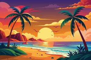 An illustration of a tropical beach sunset with palm trees, flying birds, and mountains in the background. vector