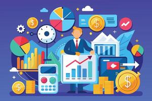 An illustration depicting a businessman analyzing financial data, growth charts, and investment opportunities for increased profits. vector