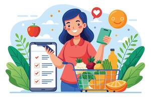 A smiling woman checks her grocery list on a smartphone while holding a shopping cart full of fresh fruits and vegetables. vector