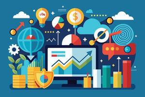 An illustration of a digital business strategy, showcasing growth, financial security, and global reach, highlighted by a computer screen displaying data analytics charts and graphs. vector