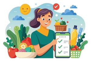 A cartoon woman smiles while pointing to a digital checklist of healthy lifestyle goals. There are fresh fruits and vegetables in a bowl and a basket beside her, along with a bottle of olive oil. vector