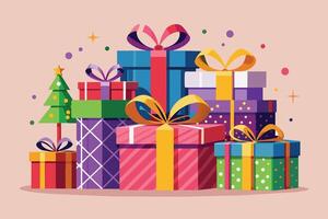 A festive image of various wrapped gift boxes with different colors and patterns, including a small Christmas tree in the background. vector