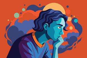 A digitally drawn illustration depicting a blue figure with a pensive expression, resting their chin on their hand, against a background of colorful, abstract shapes resembling clouds. vector