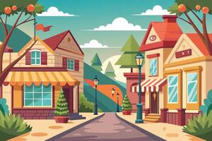 A bright, colorful illustration of a town street, featuring charming buildings with awnings, streetlights, and trees. The scene is set on a sunny day, with clouds in the sky. vector