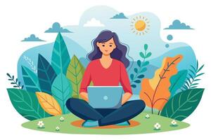 A woman sits on the grass in a park with a laptop in her lap, working while enjoying the sunny weather and natural surroundings. vector