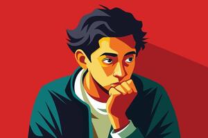An illustration of a young man with dark hair, a green jacket, and a thoughtful expression. He rests his chin on his hand and looks off to the side. The background is a bright red. vector