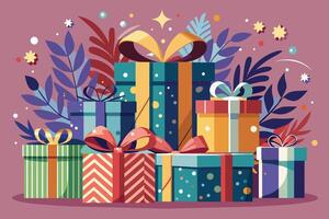 A digital illustration of a festive scene featuring multiple colorful gift boxes with ribbons and bows. vector