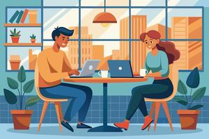 A man and woman are working on their laptops at a table in a coffee shop. They are both sitting in chairs and have coffee mugs in front of them. The window behind them has a view of the city. vector