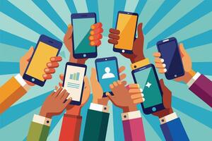 A vibrant illustration of multiple hands holding smartphones in the air, representing the widespread use of mobile technology in modern society. vector