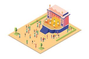 Illustration enjoy the dance performance Concept 3d Isometric View Concert Party Elements Landscape Background and Stage. illustration of Musical Event vector