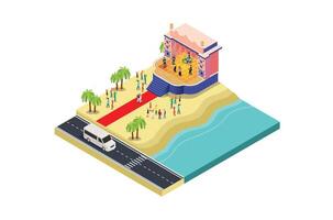 Isometric music event festival on a beach with blue sea, highway and parked vehicles in a row, 3d concept of isometric view of concert party background and stage landscape. vector