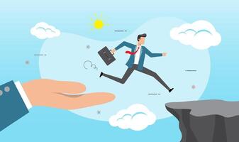 Hand helping businessman jump through the gap in the rocks vector