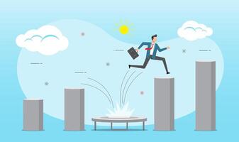 Businessman jumping from trampoline back to top bar graph vector