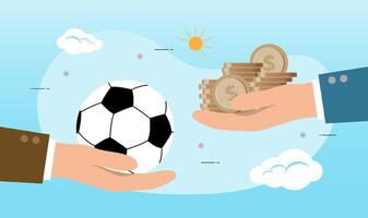 Exchange of soccer ball for money coin between hands vector