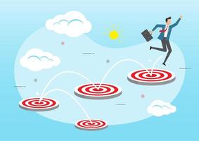Businessman jumping on bigger and higher archery bulls eye target vector