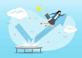 Businesswoman jump bouncing high on trampoline with performance arrow graph. vector