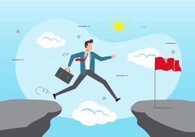 Businessman jump through the gap in the rocks to get red flag vector