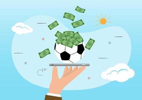 A hand with a smartphone and a soccer ball full of money vector
