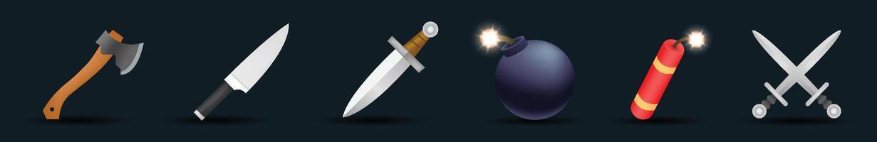 Sword, knife, axe, dynamite and bomb emoji illustration isolated on background. Emoji set. 3d illustration. vector