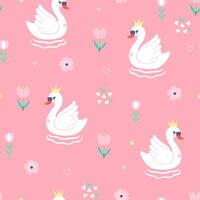 Seamless pattern with cute swans on a pink background. graphics. vector