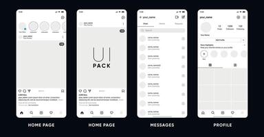 Social network post interface mockup template. Home page, messages, Post profile template. Profile Gallery Feed Elements for social media page mobile version. Smart phone UI vector