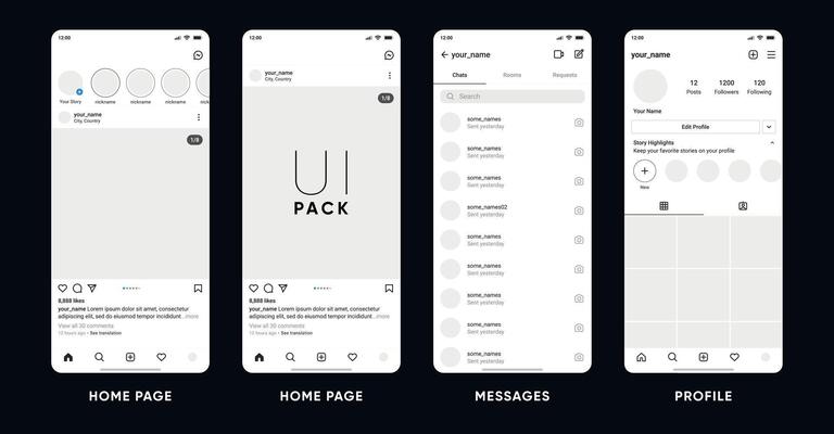 Social network post interface mockup template. Home page, messages, Post profile template. Profile Gallery Feed Elements for social media page mobile version. Smart phone UI