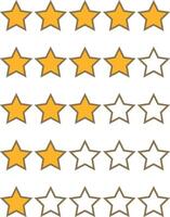 Set of stars rating design elements. Kit of star shapes for ranking interface. Voting symbols from zero to five points. illustration in flat style. Yellow and half star flat feedback icons vector