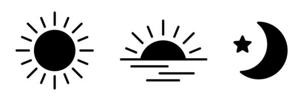 Rising and setting sun icon, crescent moon and stars, day and night time symbols. Time of the day signs. vector