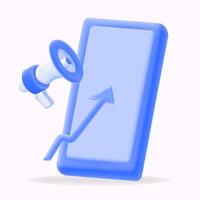 Boost your digital marketing with this icon featuring a megaphone and upward arrow on a smartphone. Perfect for advertising, social media promotions, and growth hacking strategies, 3D illustration vector