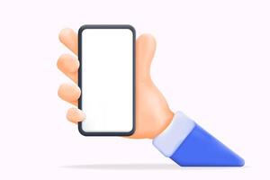 3D illustration of a hand holding a smartphone with a blank screen. Ideal for showcasing mobile apps, user interfaces, or online services. app development, and digital marketing content vector