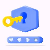 3d icon illustration, key entering a keyhole, with a password bar below. Ideal for cybersecurity, online security, and access control data protection vector