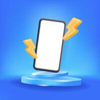 3D illustration podium with smartphone and lightning bolts, symbolizing flash sale on a vibrant blue background vector