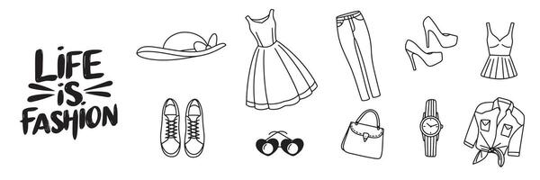 Collection of doodle Fashion icons set isolated. Hand drawn art. vector